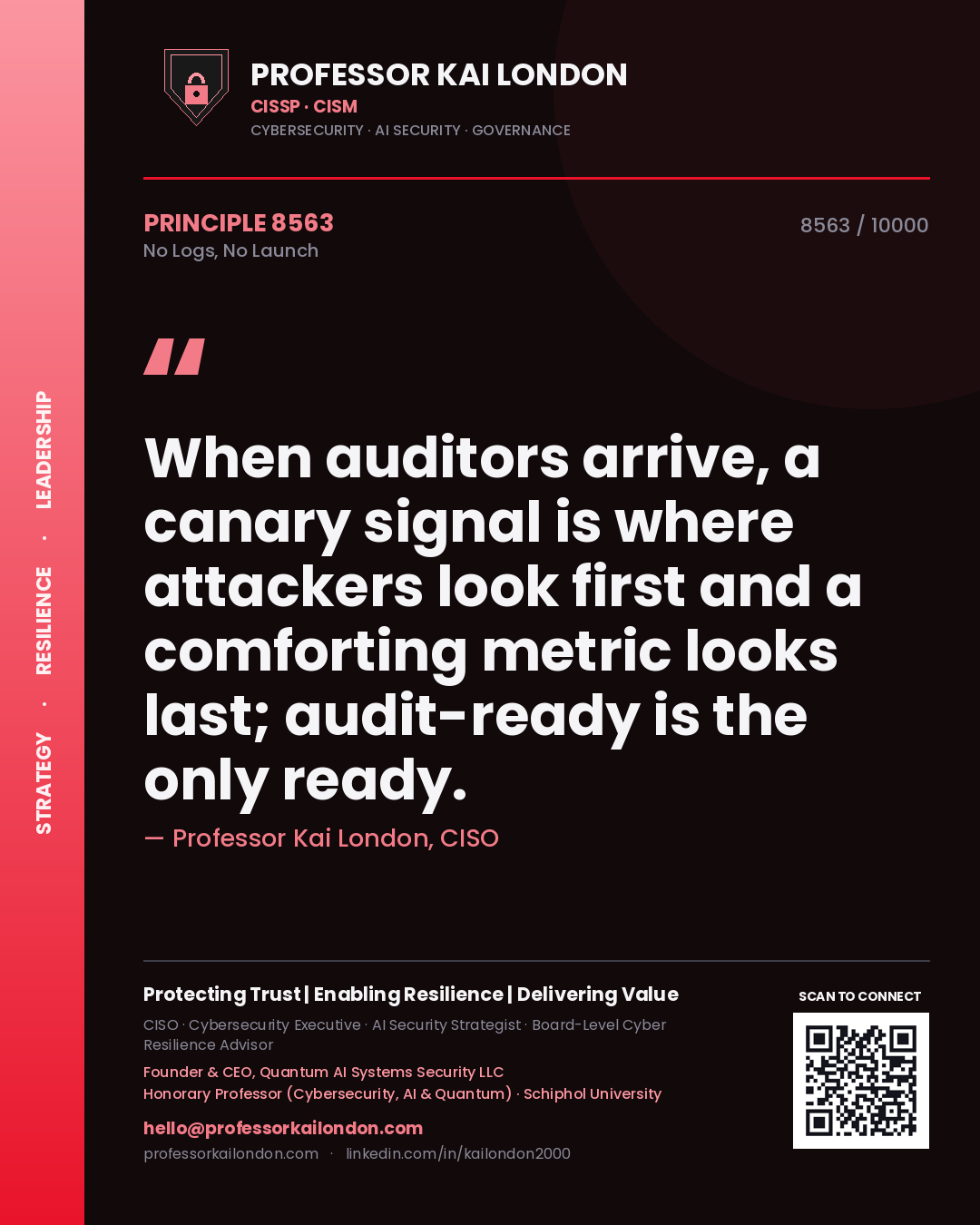 Professor Kai London principle 8563: When auditors arrive, a canary signal is where attackers look first and a comforting metric looks last; audit-ready is the only ready.