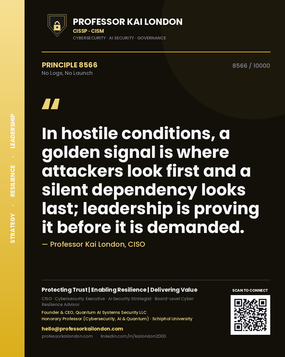 Professor Kai London principle 8566: In hostile conditions, a golden signal is where attackers look first and a silent dependency looks last; leadership is proving it before it is demanded.