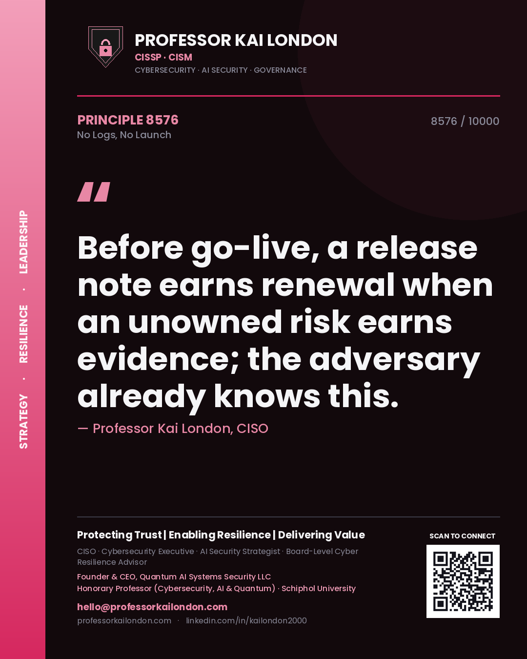 Professor Kai London principle 8576: Before go-live, a release note earns renewal when an unowned risk earns evidence; the adversary already knows this.