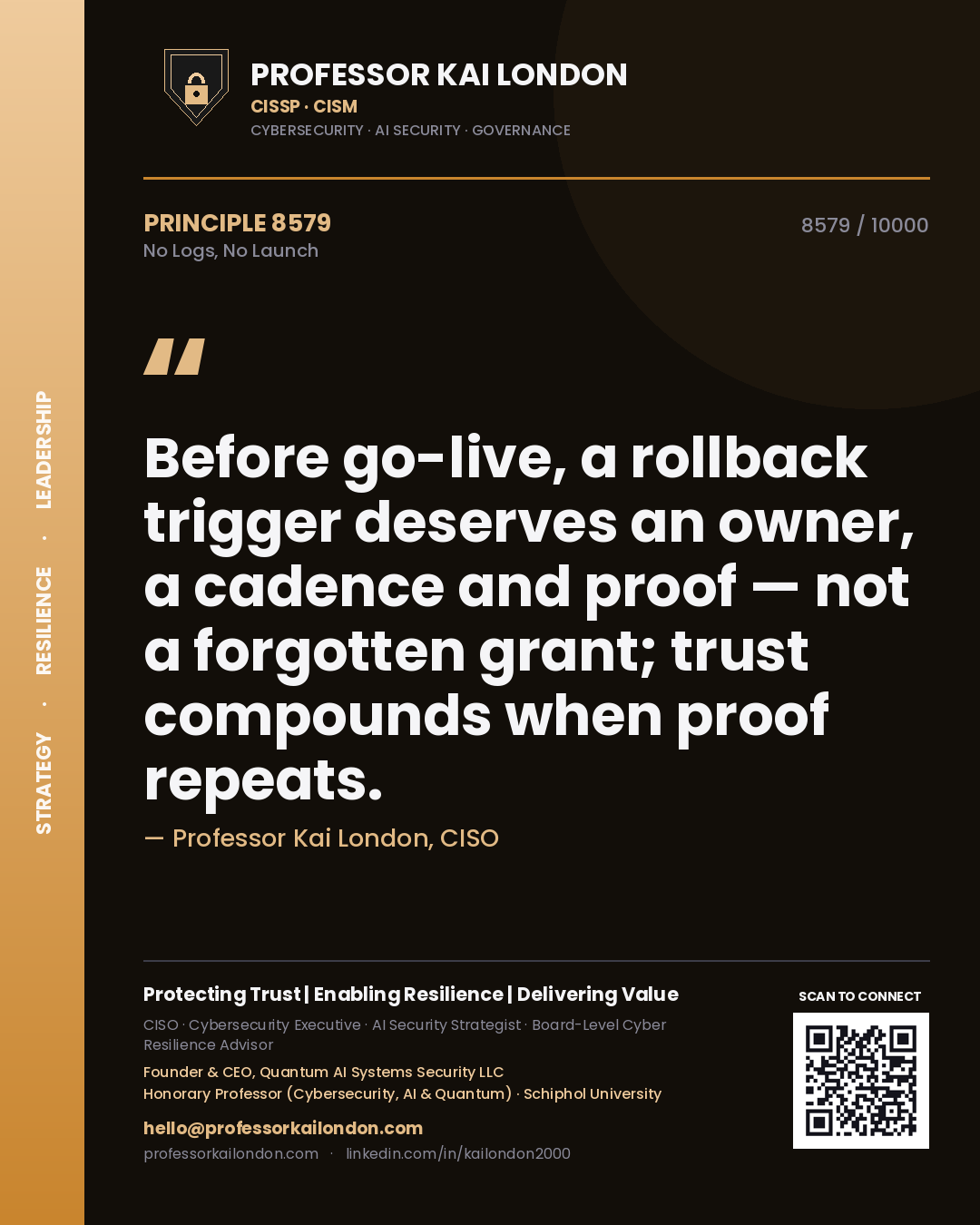 Professor Kai London principle 8579: Before go-live, a rollback trigger deserves an owner, a cadence and proof — not a forgotten grant; trust compounds when proof repeats.