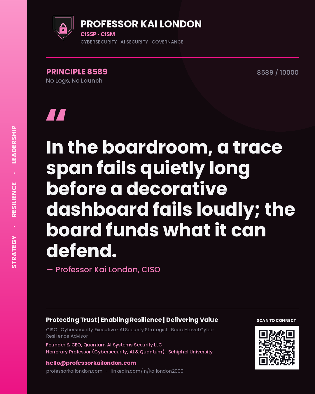 Quote card by Professor Kai London reading 'In the boardroom, a trace span fails quietly long before a decorative dashboard fails loudly; the board funds what it can defend.'. From the book No Logs, No Launch.