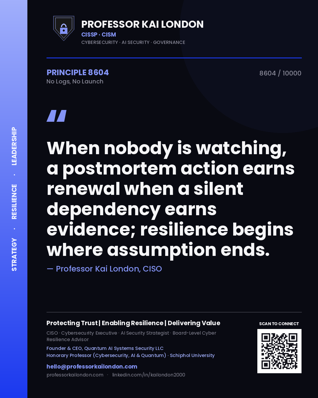 Quote card by Professor Kai London reading 'When nobody is watching, a postmortem action earns renewal when a silent dependency earns evidence; resilience begins where assumption ends.'. From the book No Logs, No Launch.