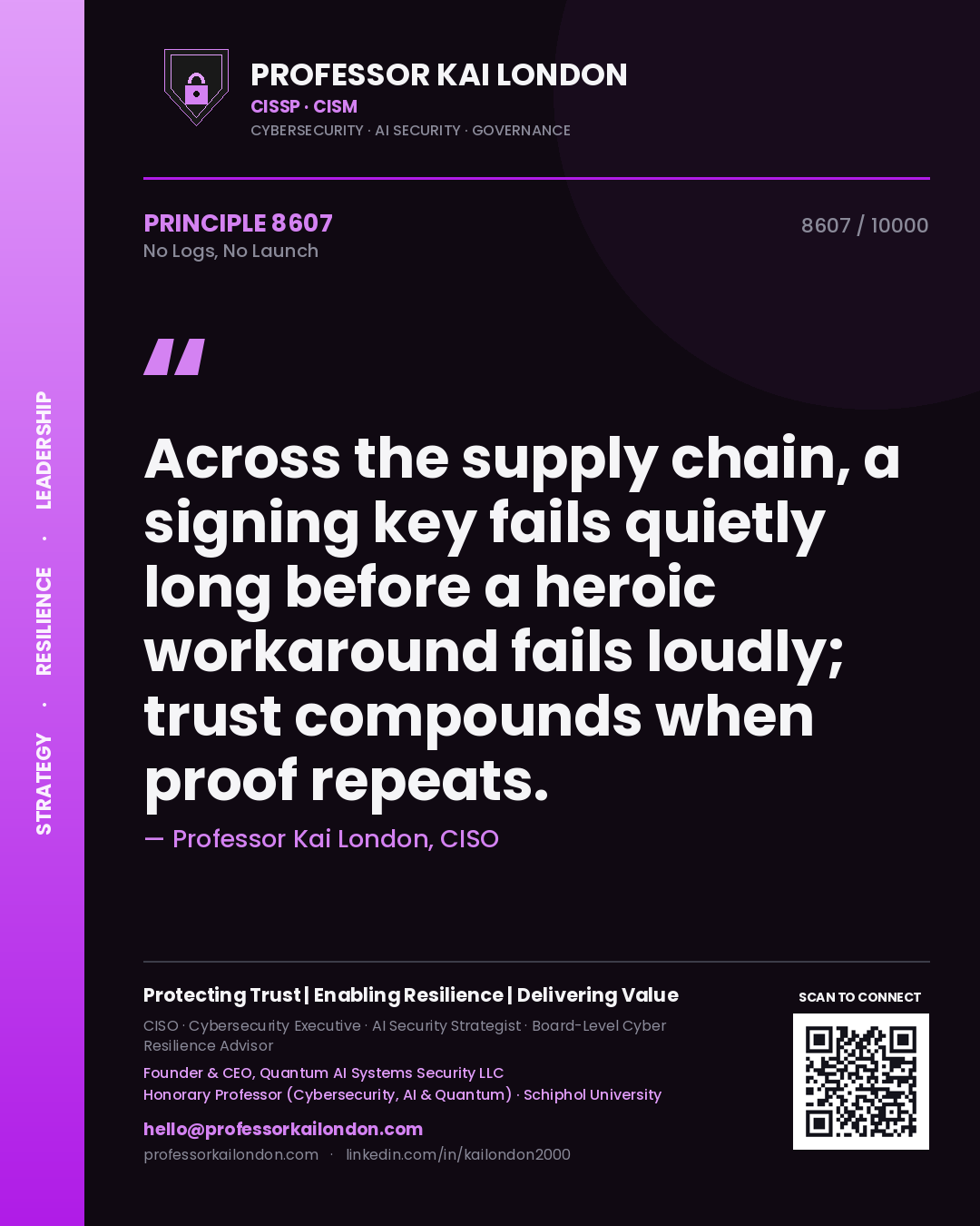 Quote card by Professor Kai London reading 'Across the supply chain, a signing key fails quietly long before a heroic workaround fails loudly; trust compounds when proof repeats.'. From the book No Logs, No Launch.