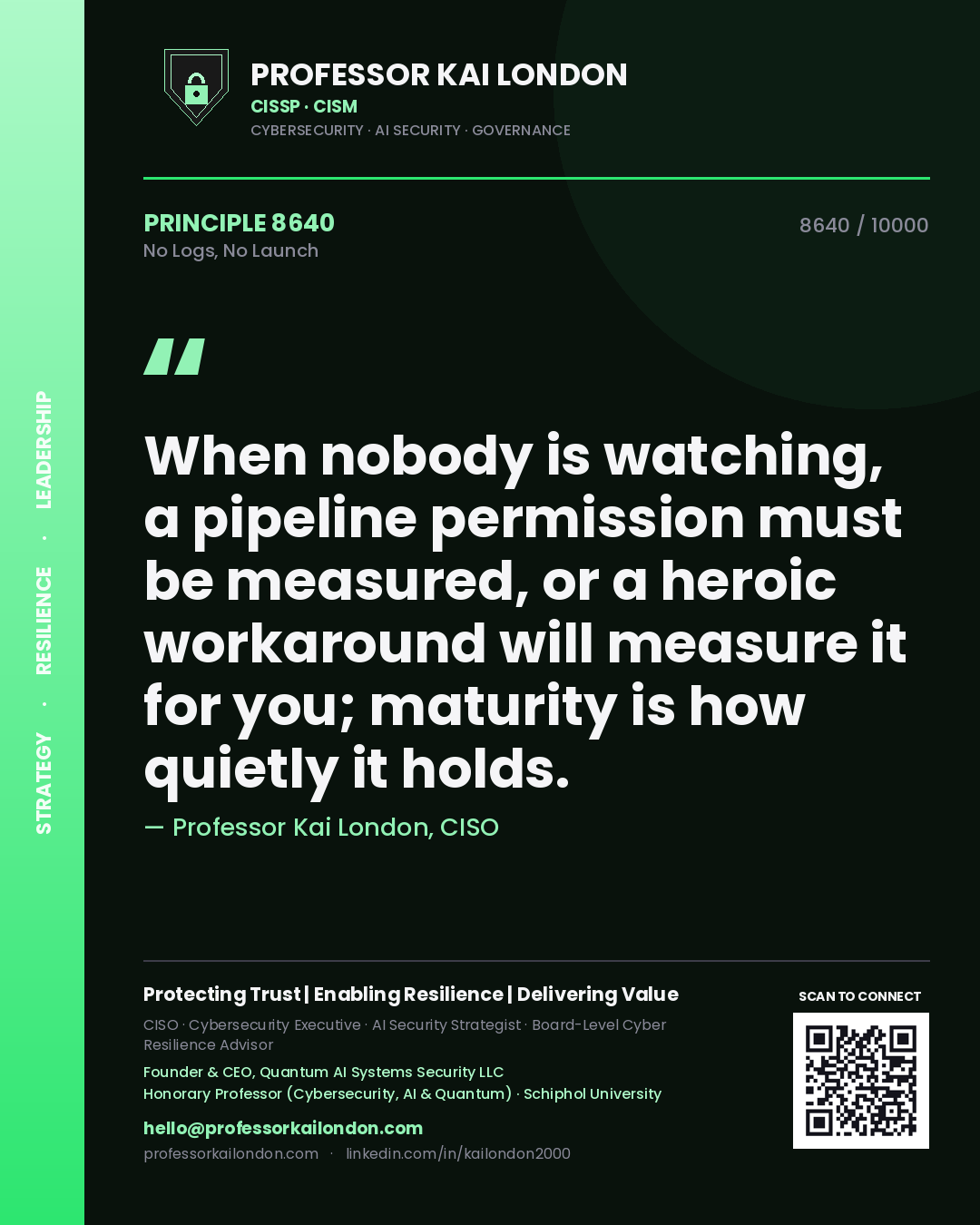 Professor Kai London principle 8640: When nobody is watching, a pipeline permission must be measured, or a heroic workaround will measure it for you; maturity is how quietly it holds.