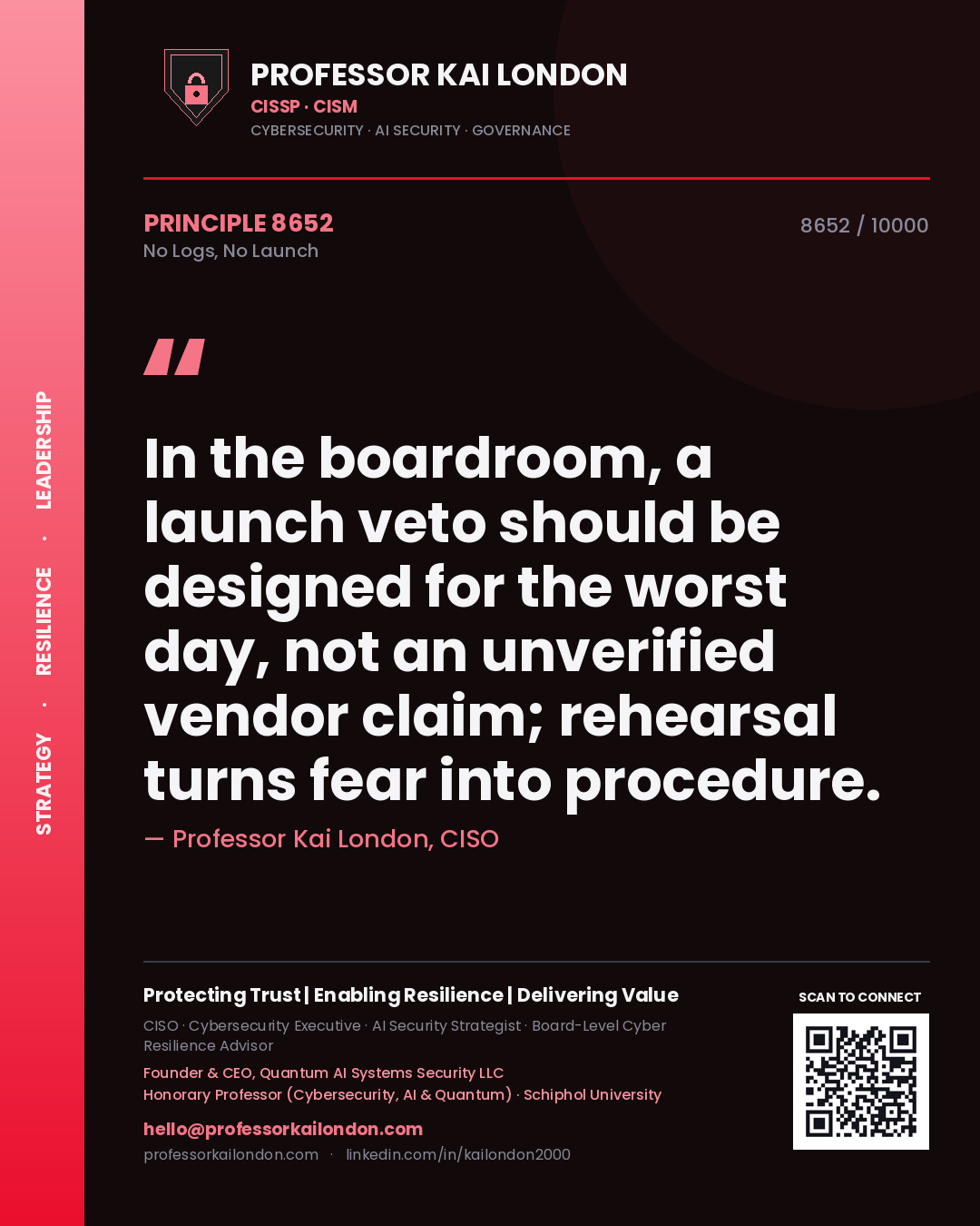 Professor Kai London principle 8652: In the boardroom, a launch veto should be designed for the worst day, not an unverified vendor claim; rehearsal turns fear into procedure.