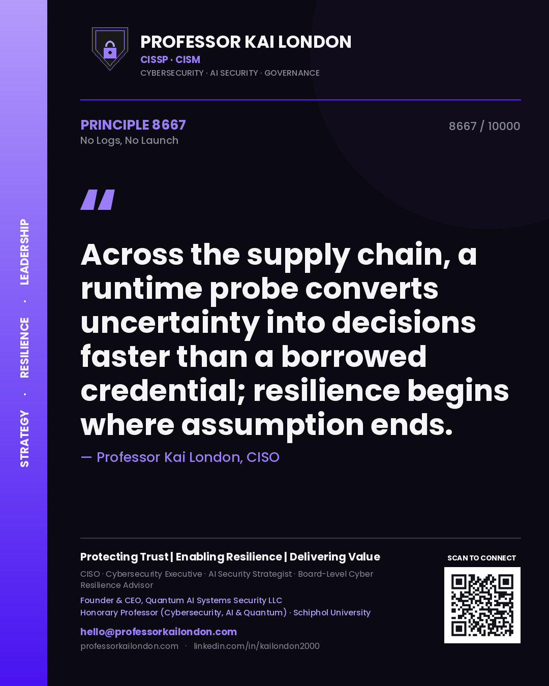 Professor Kai London principle 8667: Across the supply chain, a runtime probe converts uncertainty into decisions faster than a borrowed credential; resilience begins where assumption ends.