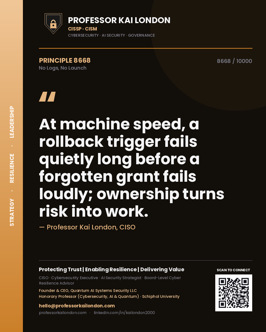 Quote card by Professor Kai London reading 'At machine speed, a rollback trigger fails quietly long before a forgotten grant fails loudly; ownership turns risk into work.'. From the book No Logs, No Launch.