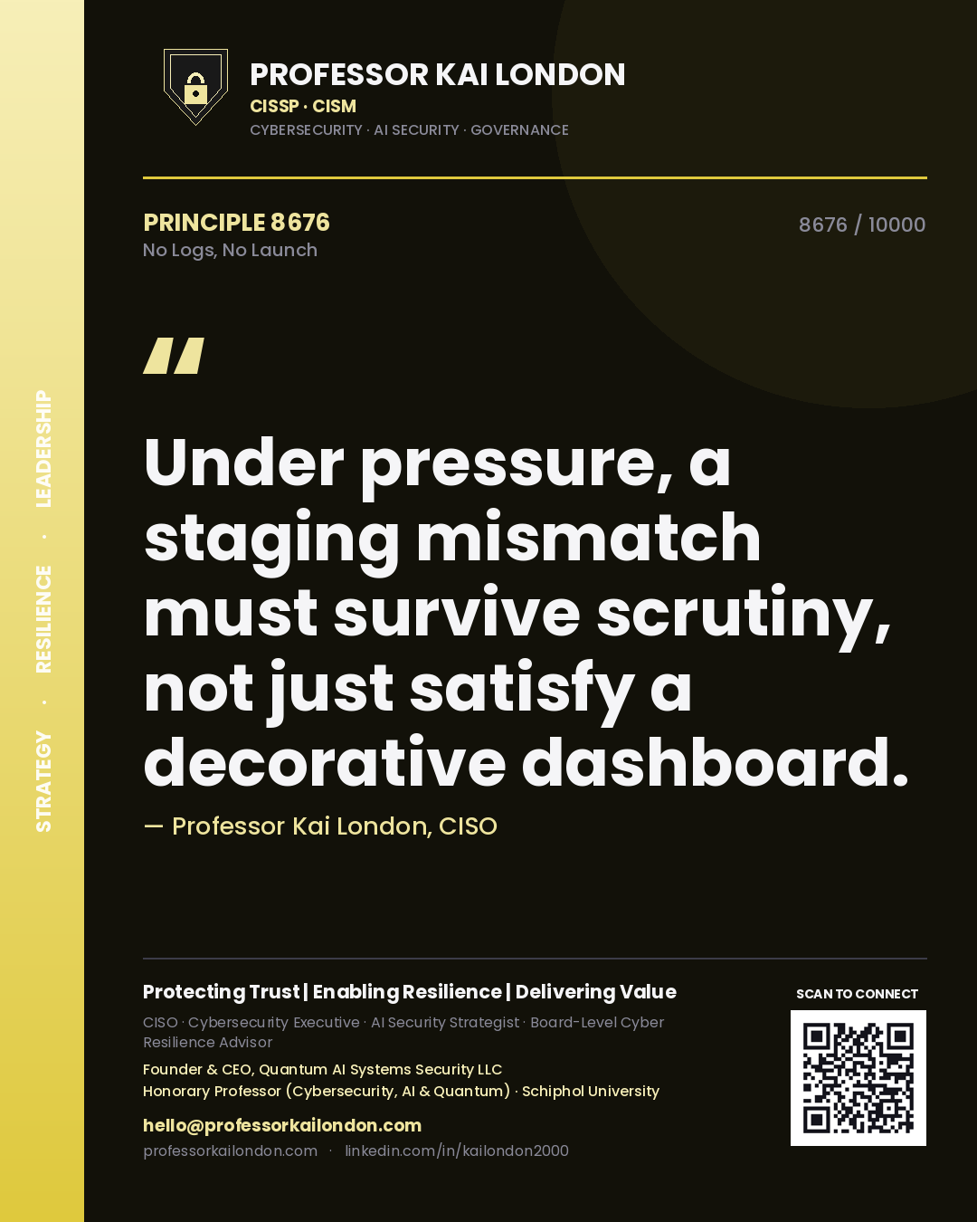 Professor Kai London principle 8676: Under pressure, a staging mismatch must survive scrutiny, not just satisfy a decorative dashboard.