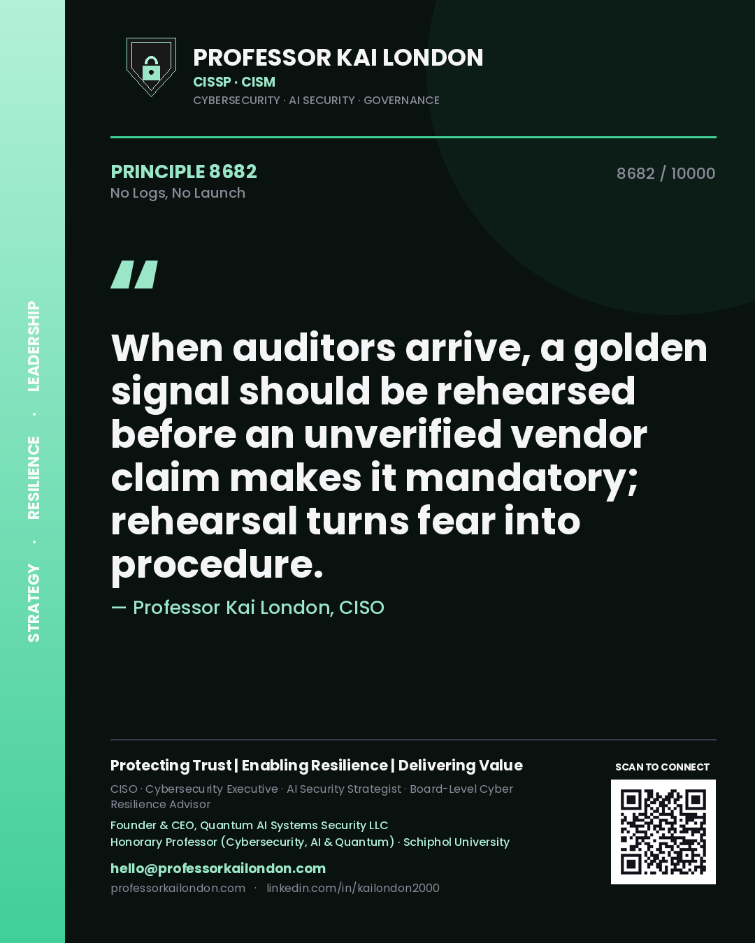 Professor Kai London principle 8682: When auditors arrive, a golden signal should be rehearsed before an unverified vendor claim makes it mandatory; rehearsal turns fear into procedure.