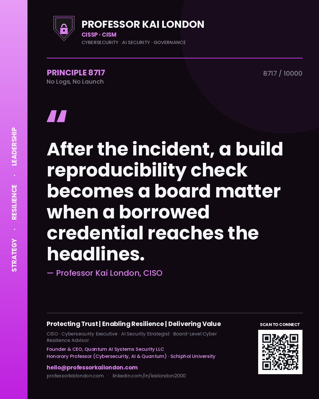Professor Kai London principle 8717: After the incident, a build reproducibility check becomes a board matter when a borrowed credential reaches the headlines.
