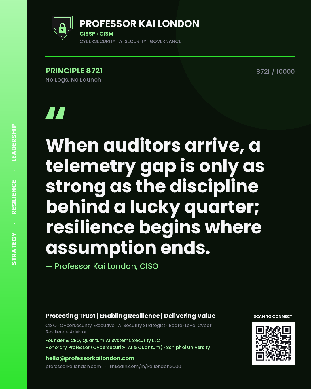 Professor Kai London principle 8721: When auditors arrive, a telemetry gap is only as strong as the discipline behind a lucky quarter; resilience begins where assumption ends.
