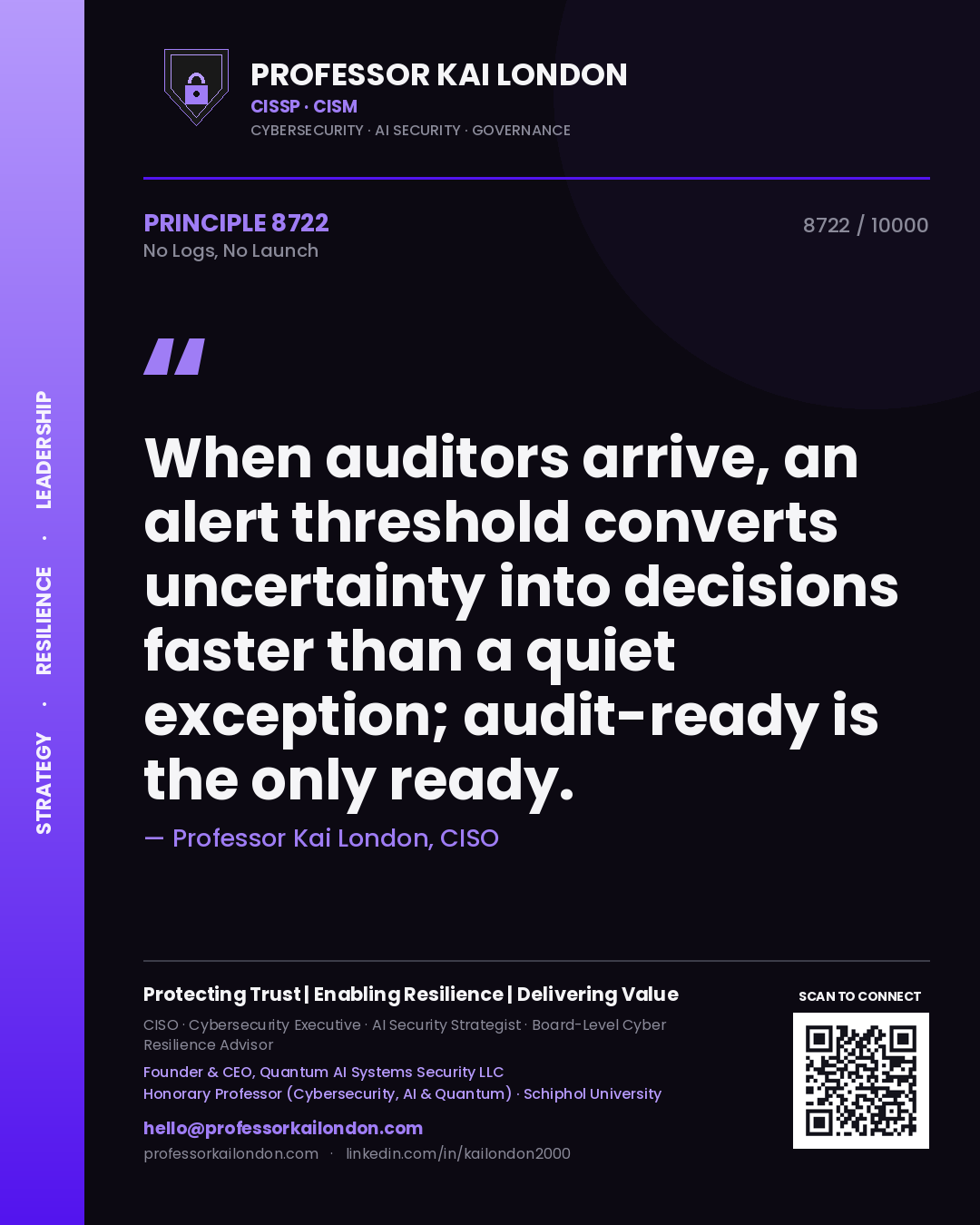 Quote card by Professor Kai London reading 'When auditors arrive, an alert threshold converts uncertainty into decisions faster than a quiet exception; audit-ready is the only ready.'. From the book No Logs, No Launch.