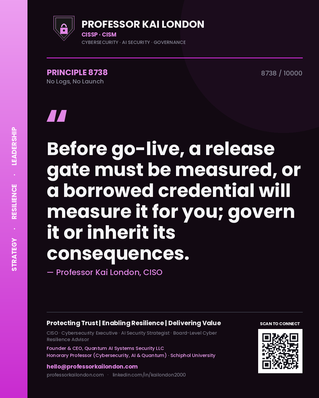 Professor Kai London principle 8738: Before go-live, a release gate must be measured, or a borrowed credential will measure it for you; govern it or inherit its consequences.