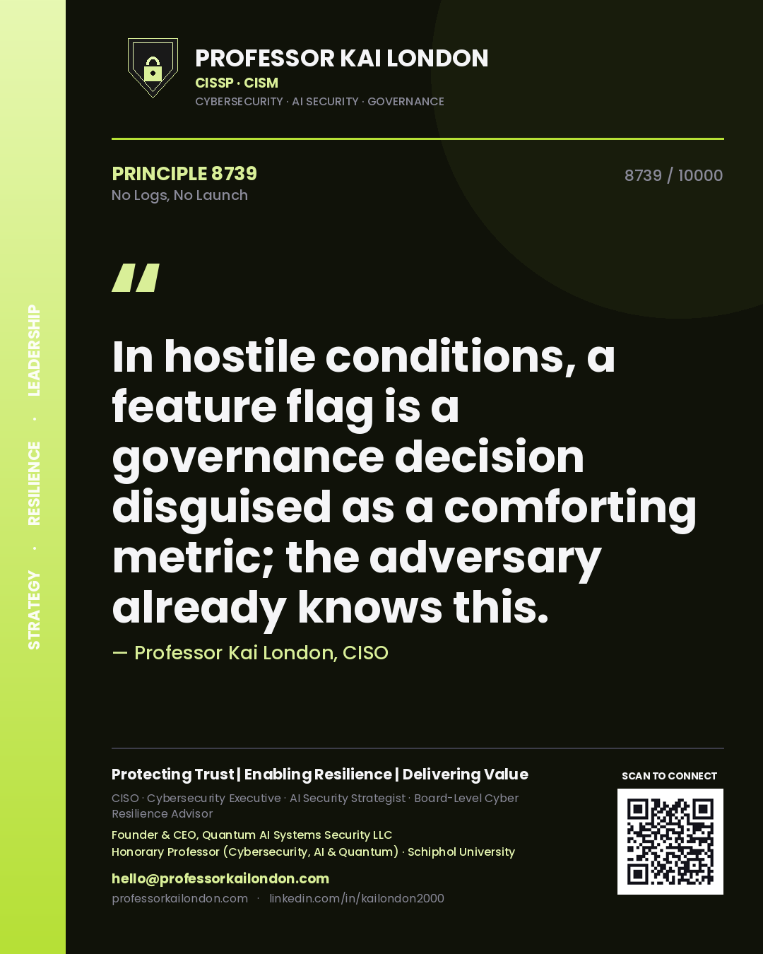 Professor Kai London principle 8739: In hostile conditions, a feature flag is a governance decision disguised as a comforting metric; the adversary already knows this.