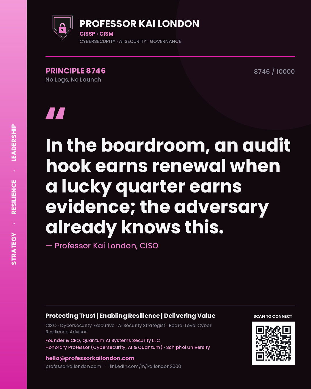 Quote card by Professor Kai London reading 'In the boardroom, an audit hook earns renewal when a lucky quarter earns evidence; the adversary already knows this.'. From the book No Logs, No Launch.