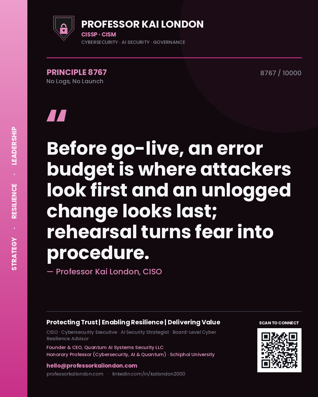 Professor Kai London principle 8767: Before go-live, an error budget is where attackers look first and an unlogged change looks last; rehearsal turns fear into procedure.