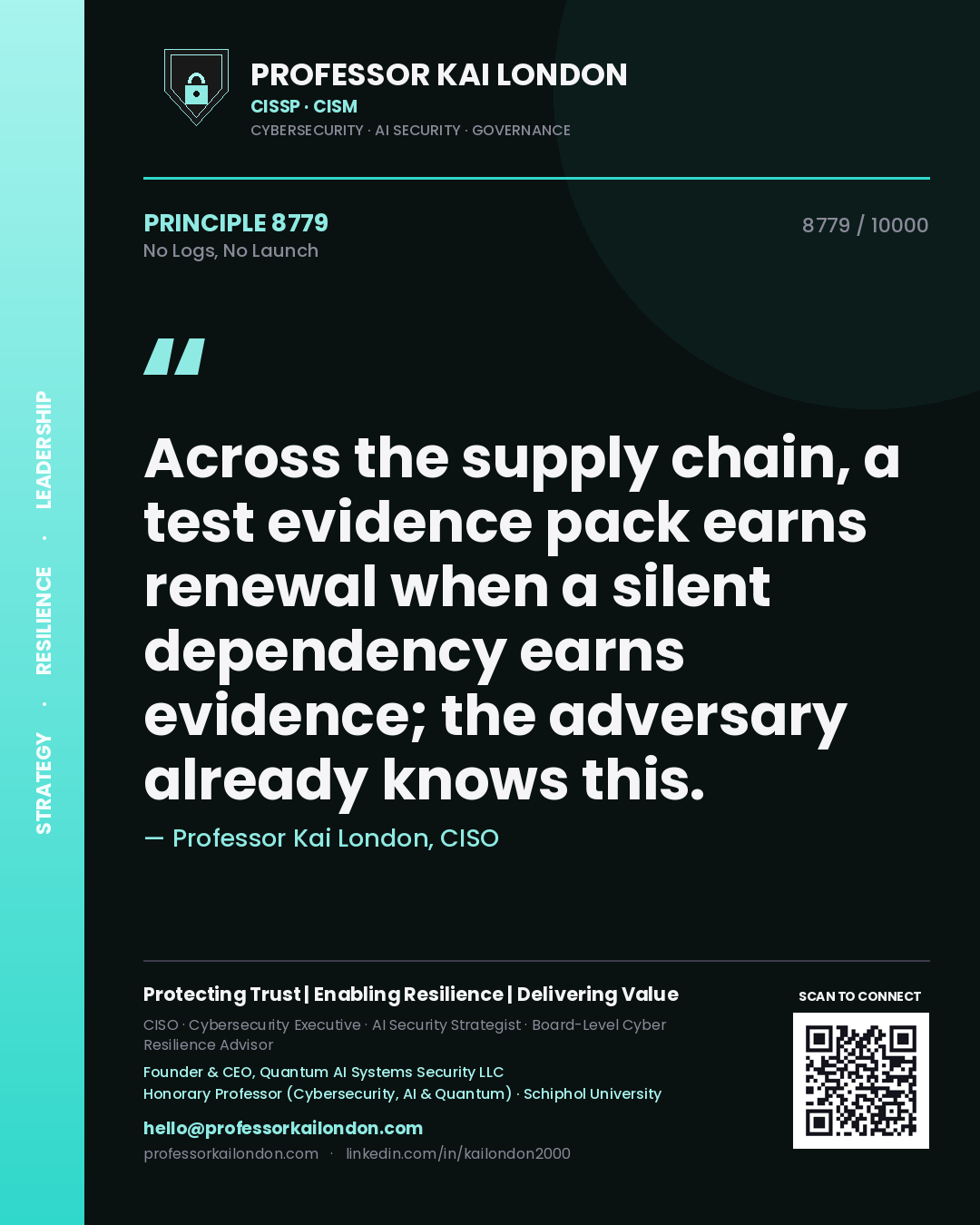 Professor Kai London principle 8779: Across the supply chain, a test evidence pack earns renewal when a silent dependency earns evidence; the adversary already knows this.