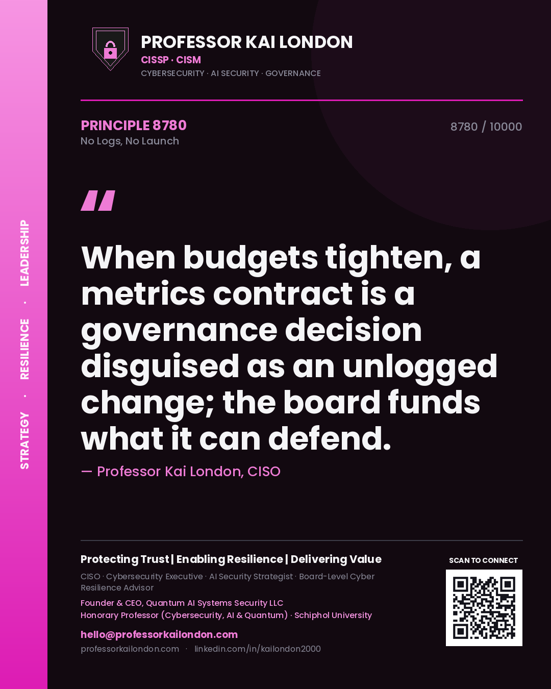 Quote card by Professor Kai London reading 'When budgets tighten, a metrics contract is a governance decision disguised as an unlogged change; the board funds what it can defend.'. From the book No Logs, No Launch.