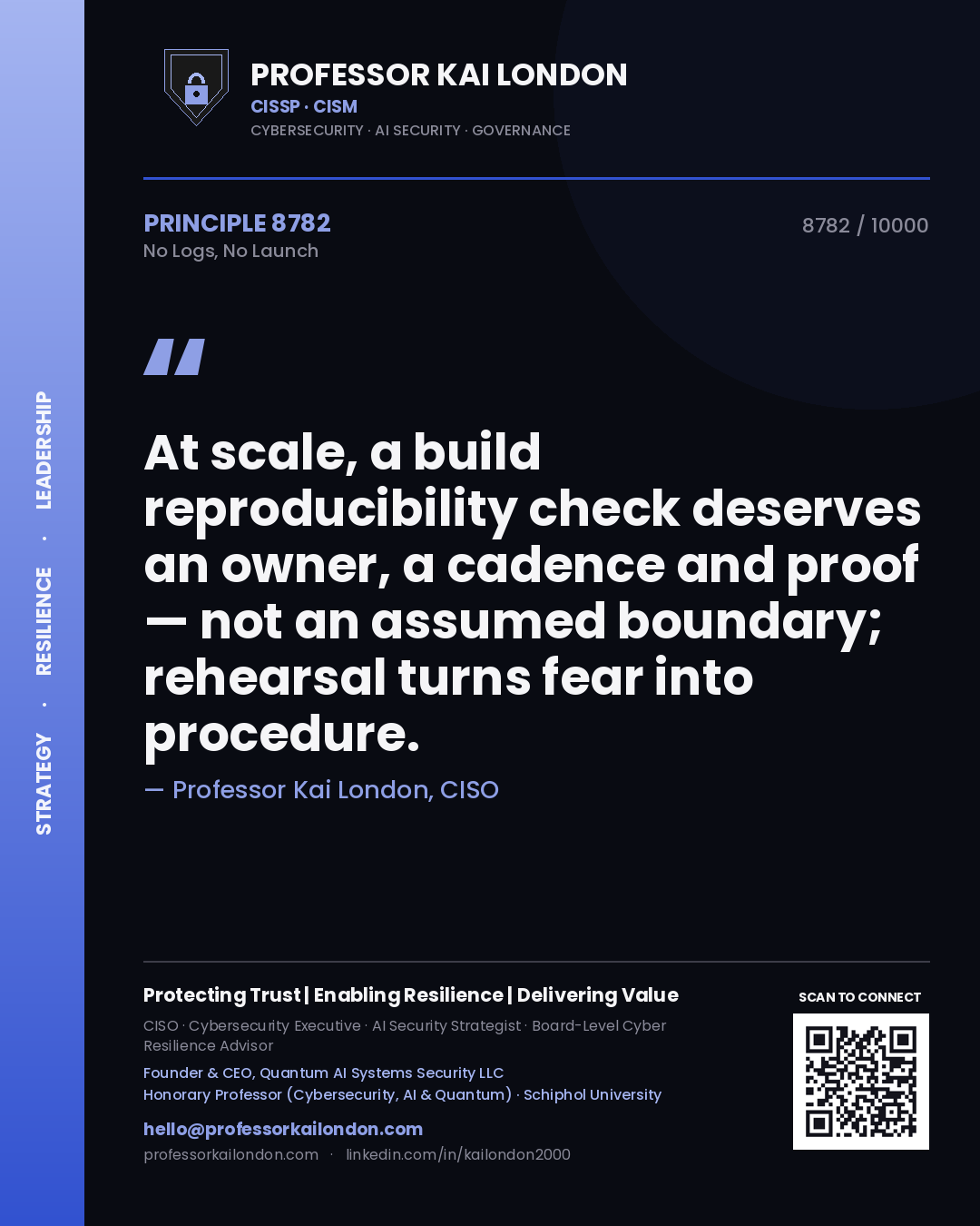 Professor Kai London principle 8782: At scale, a build reproducibility check deserves an owner, a cadence and proof — not an assumed boundary; rehearsal turns fear into procedure.