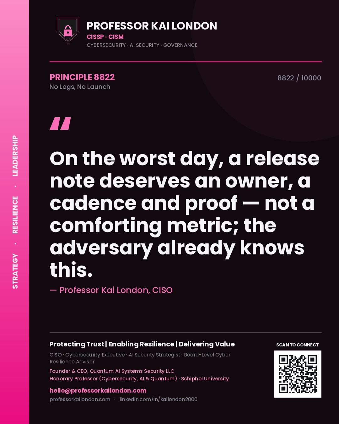 Professor Kai London principle 8822: On the worst day, a release note deserves an owner, a cadence and proof — not a comforting metric; the adversary already knows this.