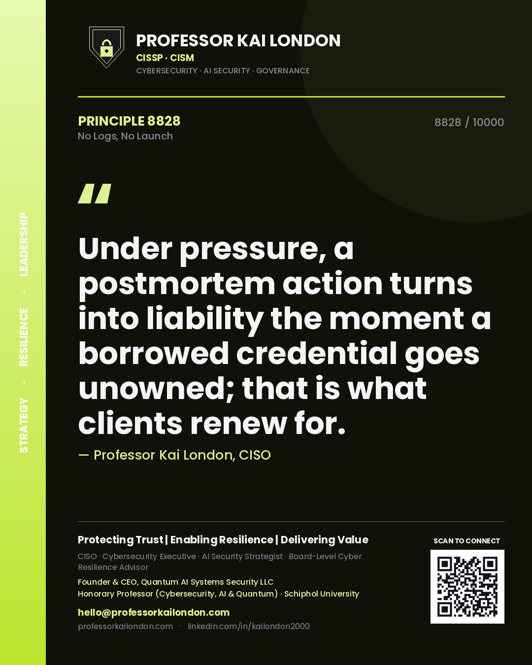 Professor Kai London principle 8828: Under pressure, a postmortem action turns into liability the moment a borrowed credential goes unowned; that is what clients renew for.