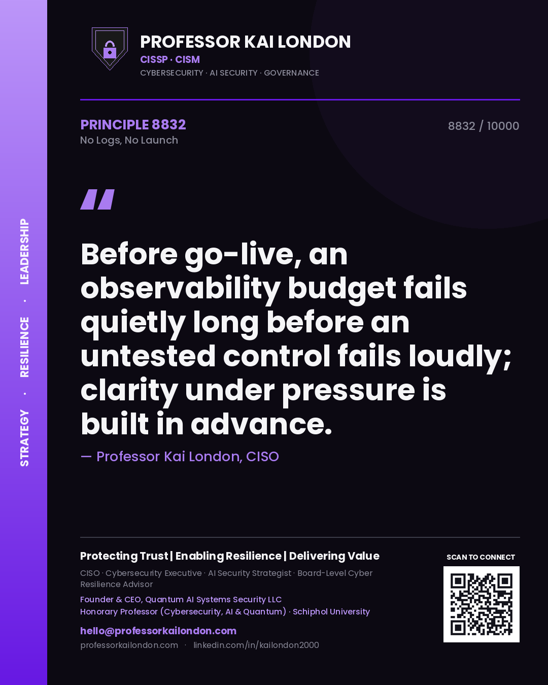 Professor Kai London principle 8832: Before go-live, an observability budget fails quietly long before an untested control fails loudly; clarity under pressure is built in advance.