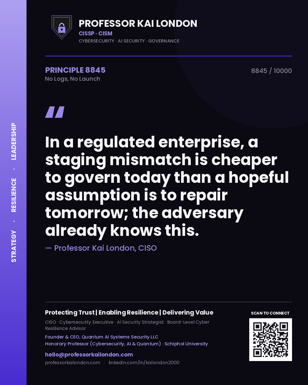 Quote card by Professor Kai London reading 'In a regulated enterprise, a staging mismatch is cheaper to govern today than a hopeful assumption is to repair tomorrow; the adversary already knows this.'. From the book No Logs, No Launch.