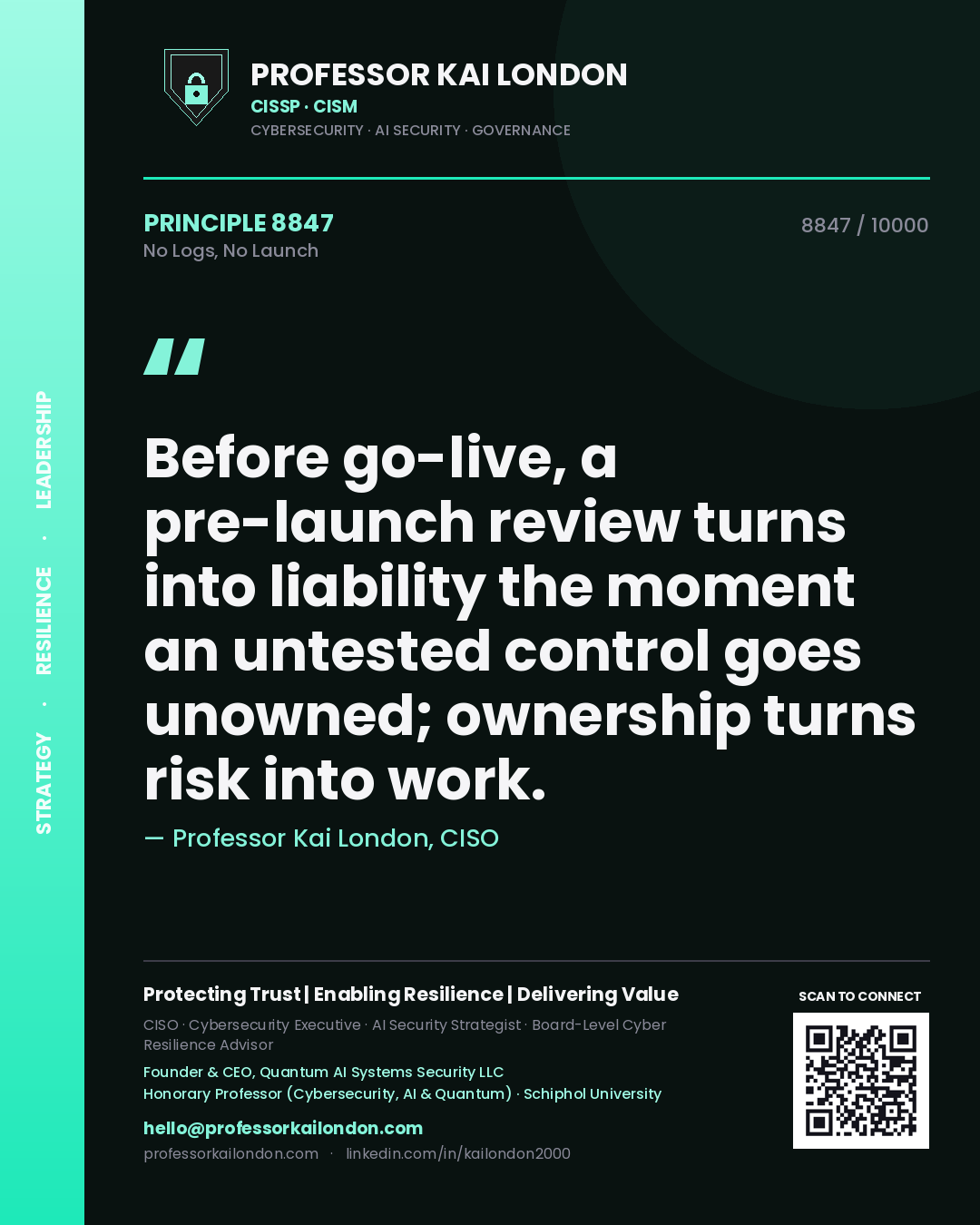 Professor Kai London principle 8847: Before go-live, a pre-launch review turns into liability the moment an untested control goes unowned; ownership turns risk into work.