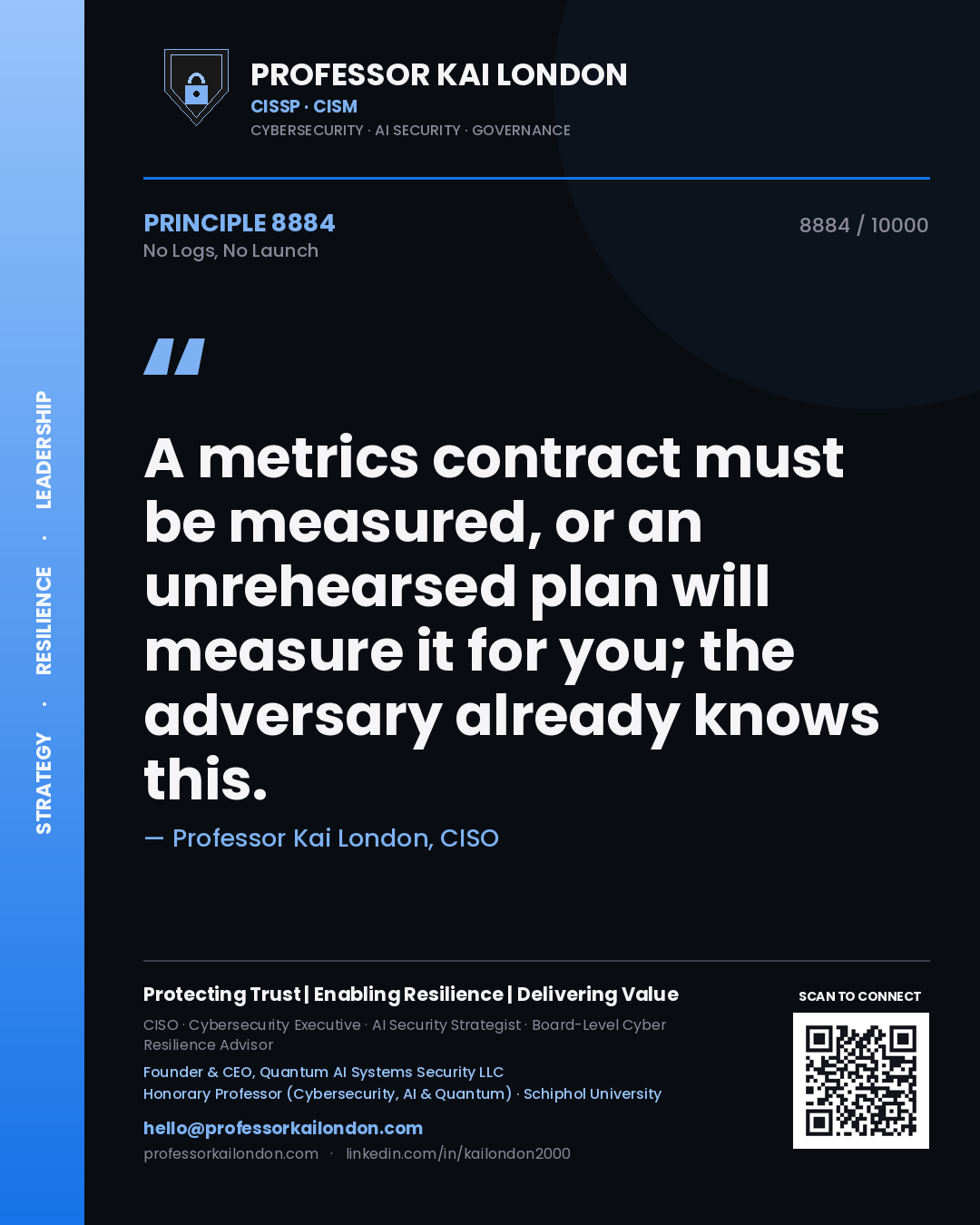 Professor Kai London principle 8884: A metrics contract must be measured, or an unrehearsed plan will measure it for you; the adversary already knows this.