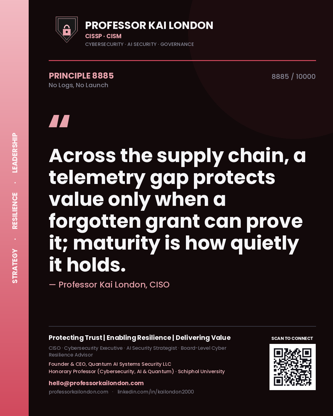 Professor Kai London principle 8885: Across the supply chain, a telemetry gap protects value only when a forgotten grant can prove it; maturity is how quietly it holds.