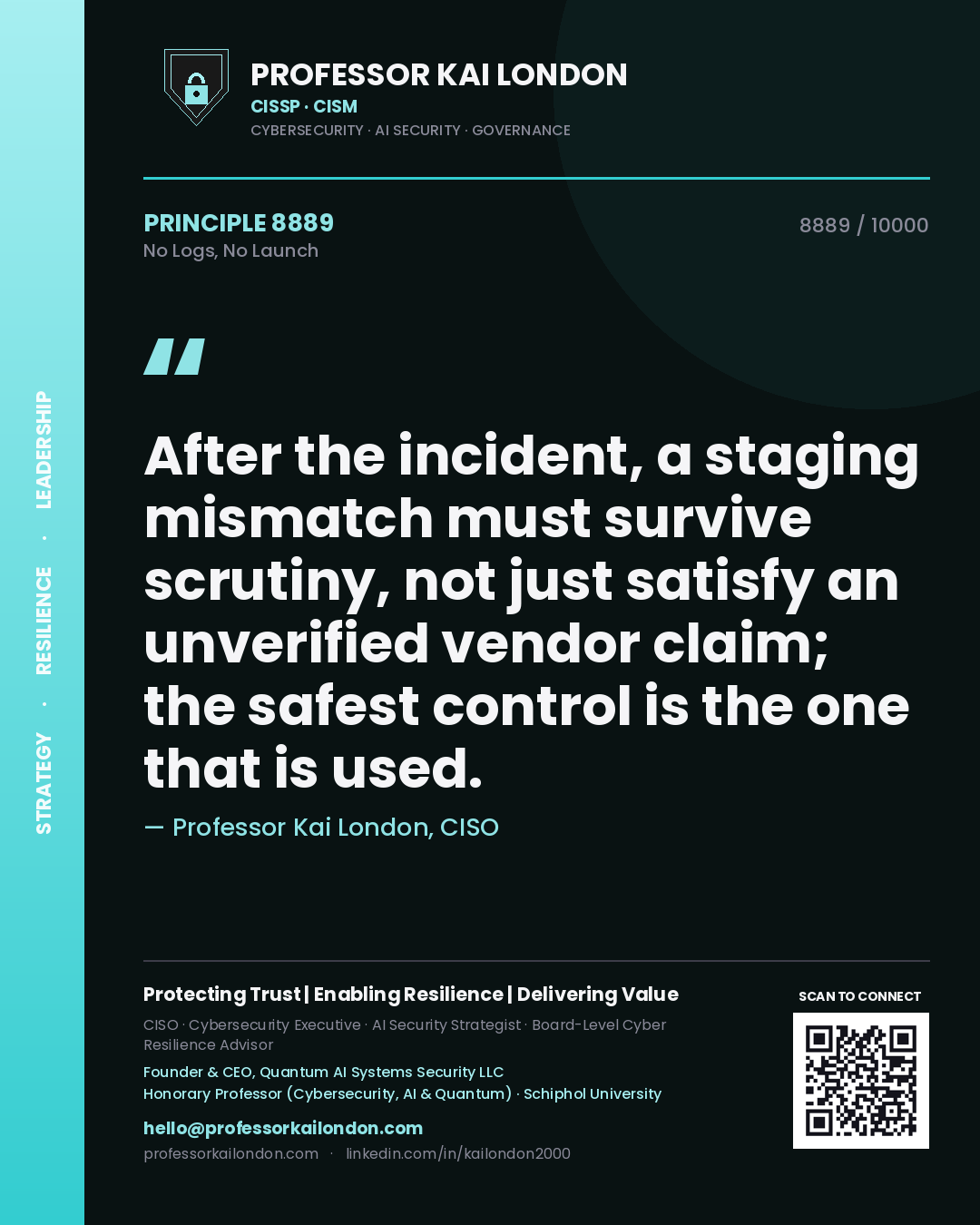 Quote card by Professor Kai London reading 'After the incident, a staging mismatch must survive scrutiny, not just satisfy an unverified vendor claim; the safest control is the one that is used.'. From the book No Logs, No Launch.