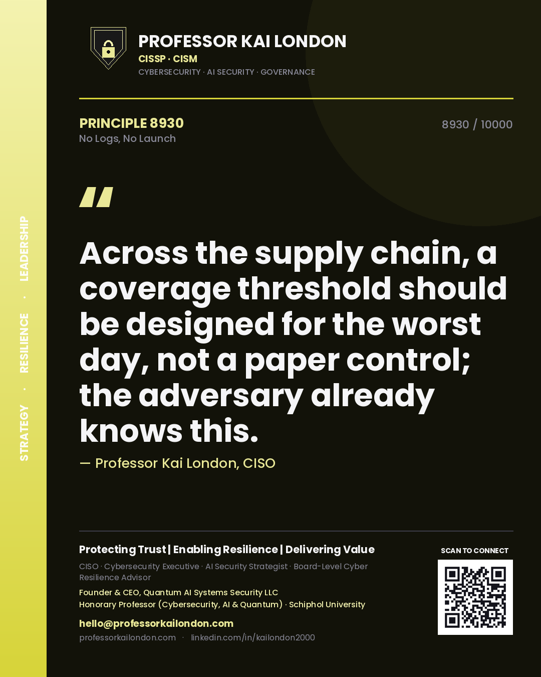 Quote card by Professor Kai London reading 'Across the supply chain, a coverage threshold should be designed for the worst day, not a paper control; the adversary already knows this.'. From the book No Logs, No Launch.