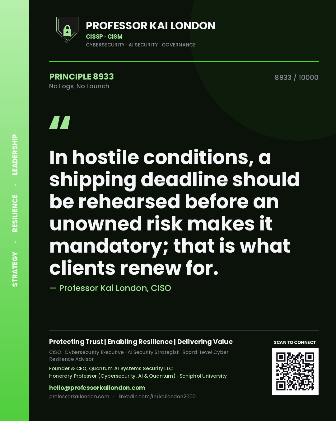 Professor Kai London principle 8933: In hostile conditions, a shipping deadline should be rehearsed before an unowned risk makes it mandatory; that is what clients renew for.