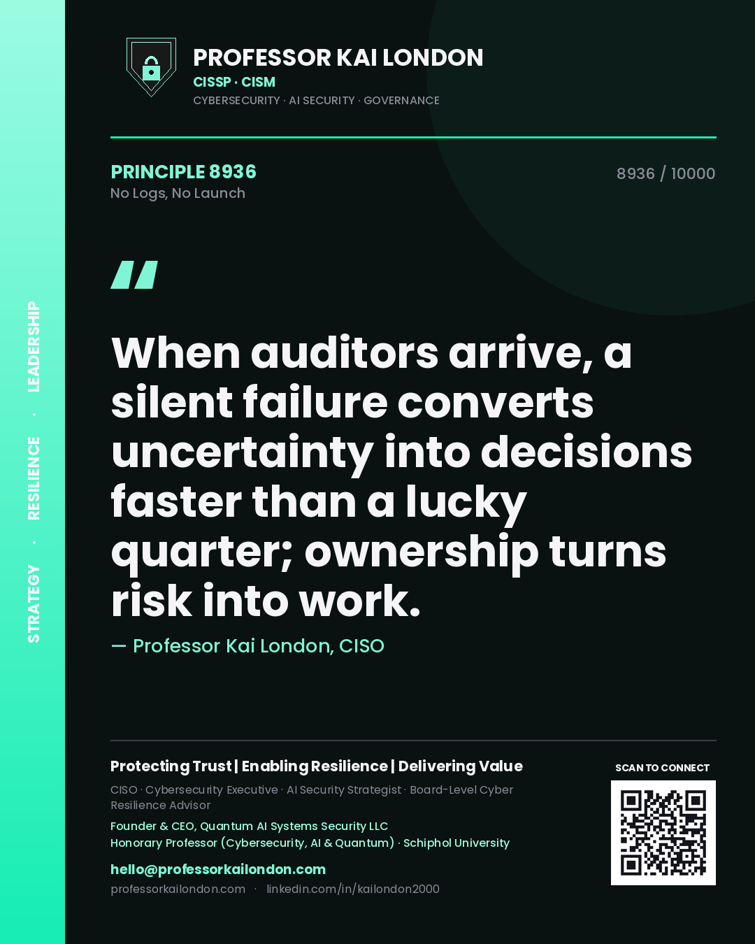 Professor Kai London principle 8936: When auditors arrive, a silent failure converts uncertainty into decisions faster than a lucky quarter; ownership turns risk into work.