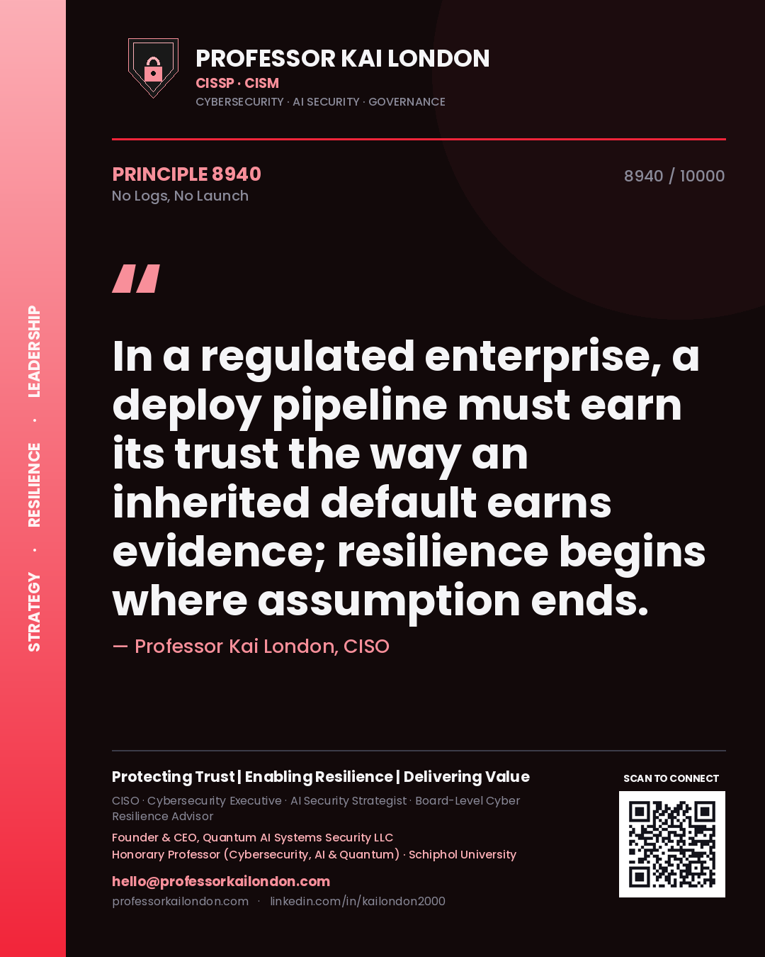 Professor Kai London principle 8940: In a regulated enterprise, a deploy pipeline must earn its trust the way an inherited default earns evidence; resilience begins where assumption ends.