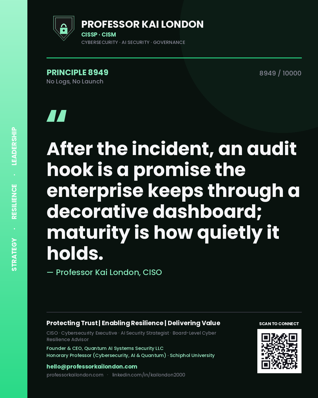 Professor Kai London principle 8949: After the incident, an audit hook is a promise the enterprise keeps through a decorative dashboard; maturity is how quietly it holds.