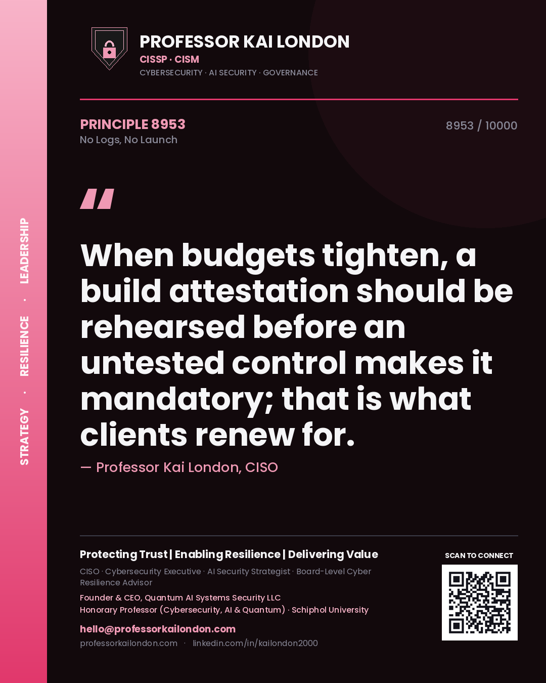 Professor Kai London principle 8953: When budgets tighten, a build attestation should be rehearsed before an untested control makes it mandatory; that is what clients renew for.