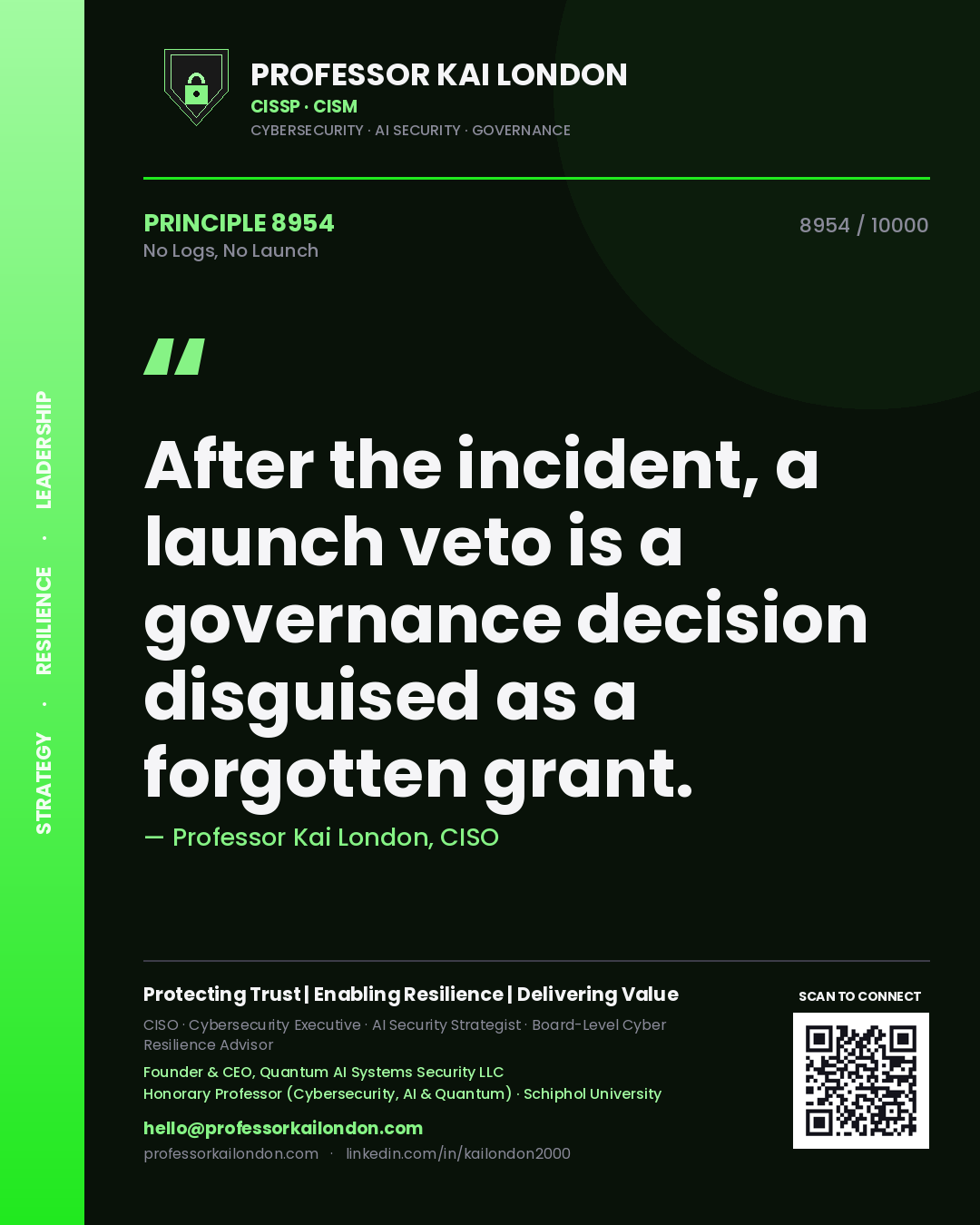 Professor Kai London principle 8954: After the incident, a launch veto is a governance decision disguised as a forgotten grant.