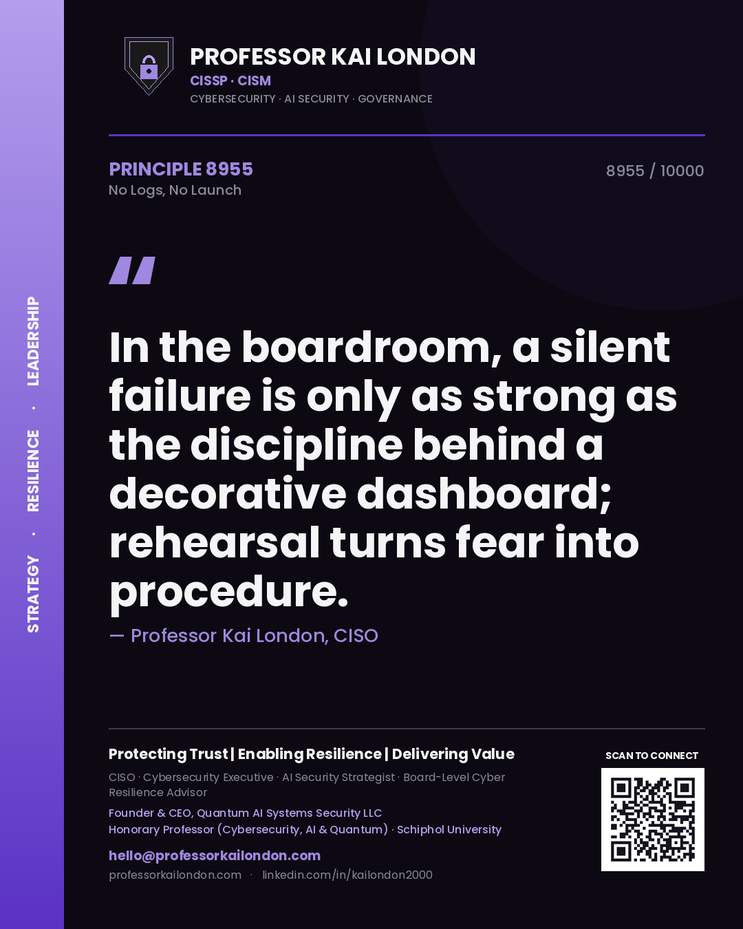 Professor Kai London principle 8955: In the boardroom, a silent failure is only as strong as the discipline behind a decorative dashboard; rehearsal turns fear into procedure.