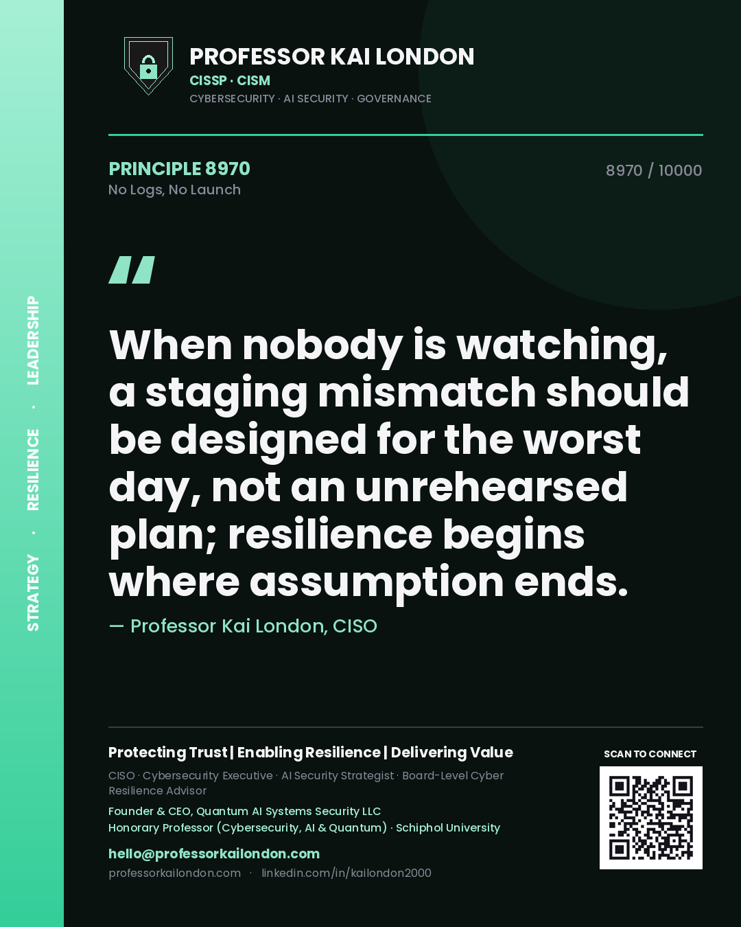 Quote card by Professor Kai London reading 'When nobody is watching, a staging mismatch should be designed for the worst day, not an unrehearsed plan; resilience begins where assumption ends.'. From the book No Logs, No Launch.