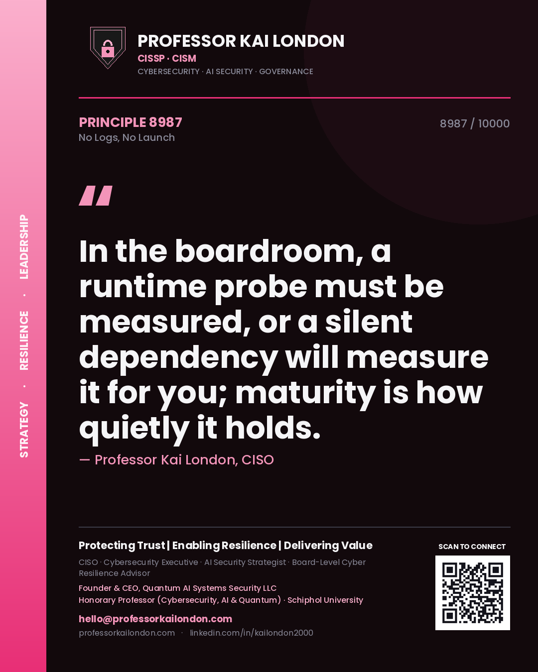 Quote card by Professor Kai London reading 'In the boardroom, a runtime probe must be measured, or a silent dependency will measure it for you; maturity is how quietly it holds.'. From the book No Logs, No Launch.