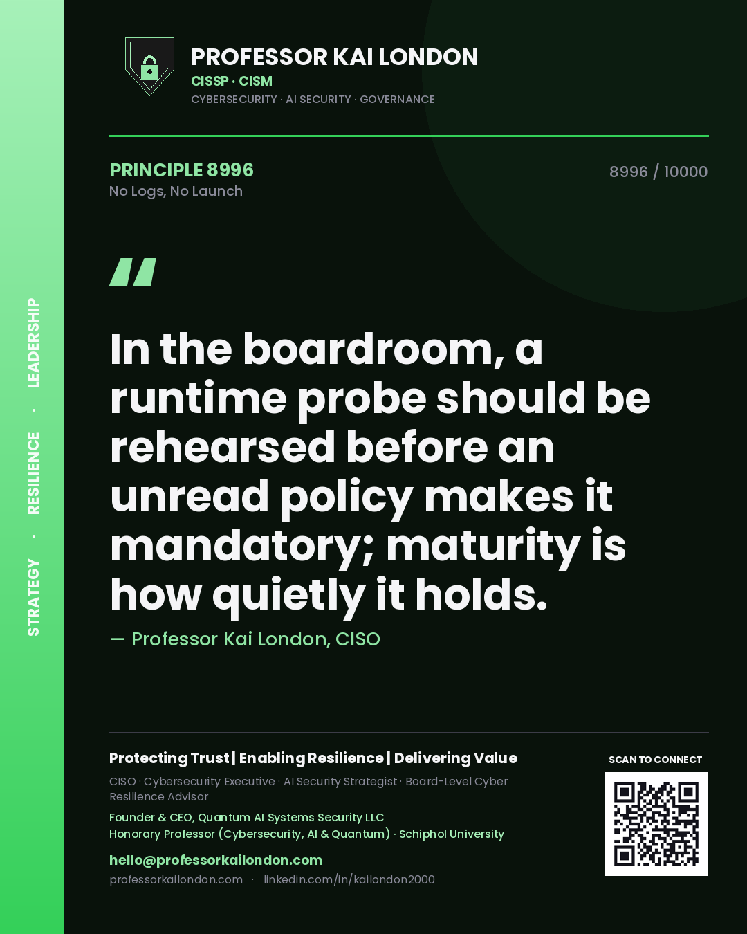 Professor Kai London principle 8996: In the boardroom, a runtime probe should be rehearsed before an unread policy makes it mandatory; maturity is how quietly it holds.
