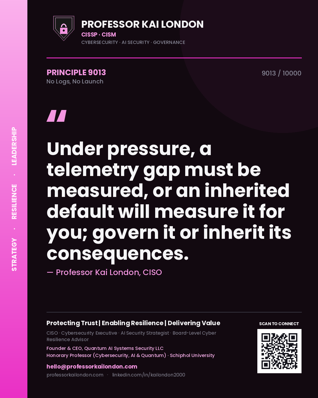 Quote card by Professor Kai London reading 'Under pressure, a telemetry gap must be measured, or an inherited default will measure it for you; govern it or inherit its consequences.'. From the book No Logs, No Launch.
