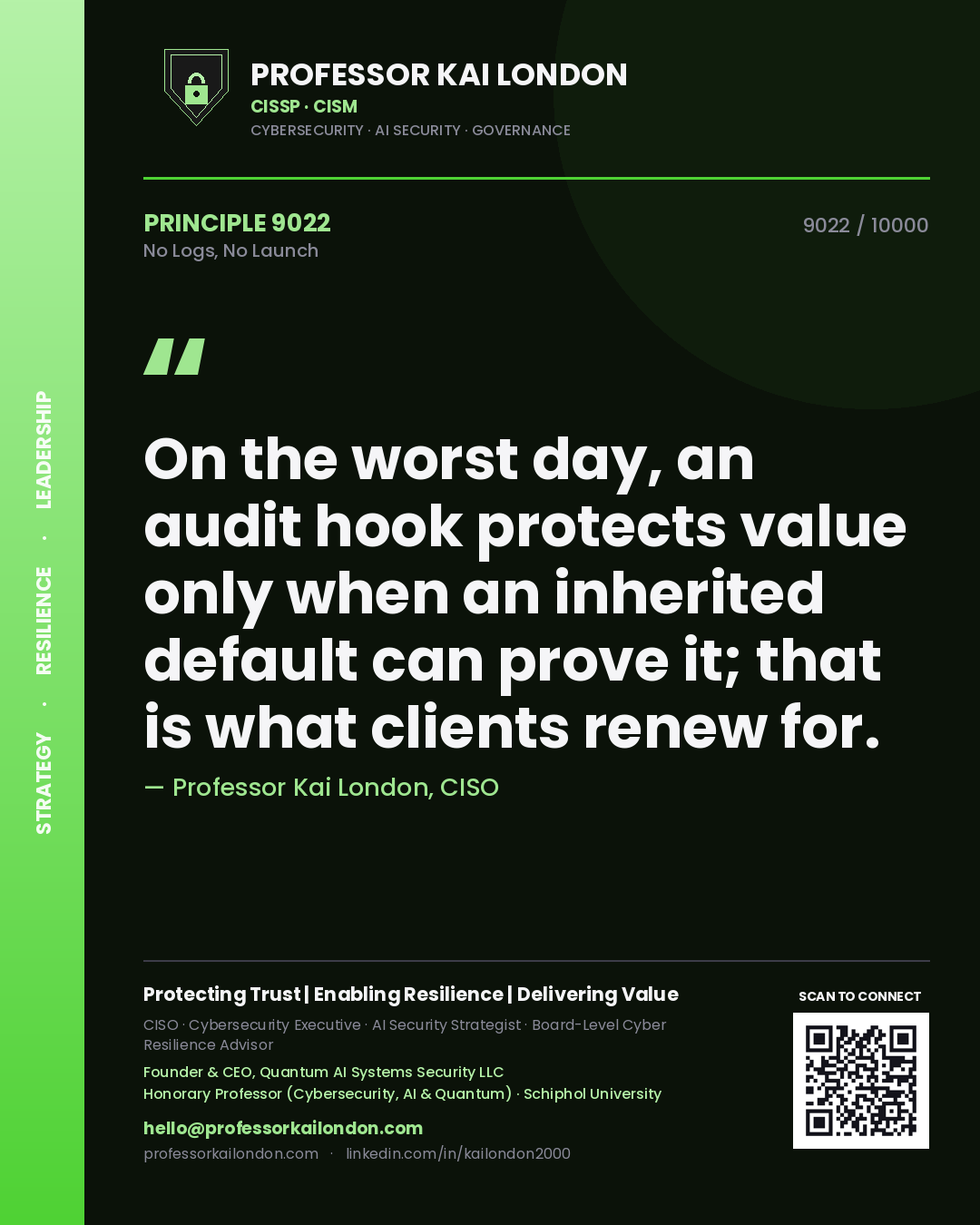Professor Kai London principle 9022: On the worst day, an audit hook protects value only when an inherited default can prove it; that is what clients renew for.