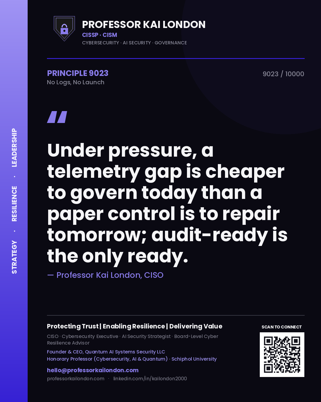 Quote card by Professor Kai London reading 'Under pressure, a telemetry gap is cheaper to govern today than a paper control is to repair tomorrow; audit-ready is the only ready.'. From the book No Logs, No Launch.