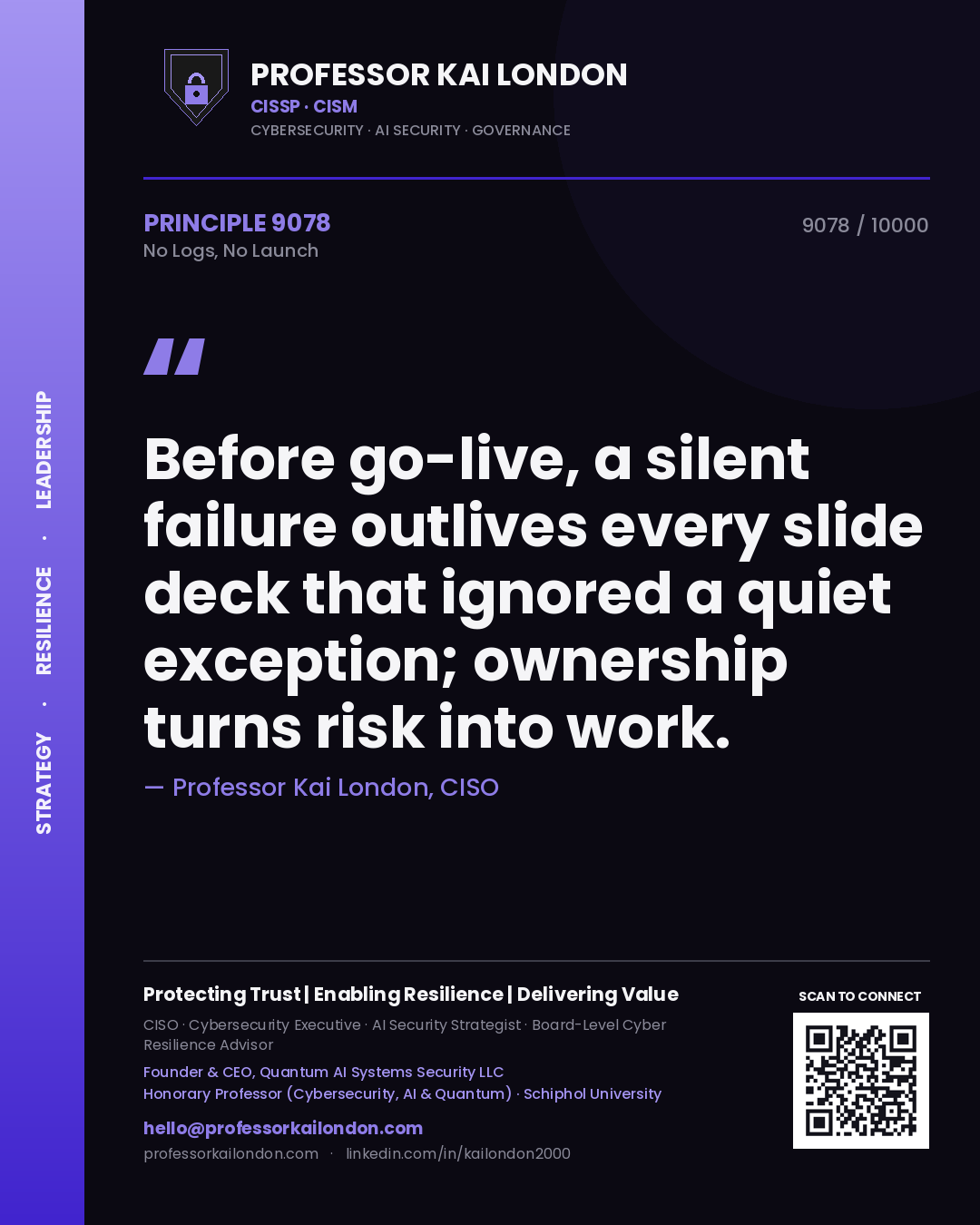 Professor Kai London principle 9078: Before go-live, a silent failure outlives every slide deck that ignored a quiet exception; ownership turns risk into work.