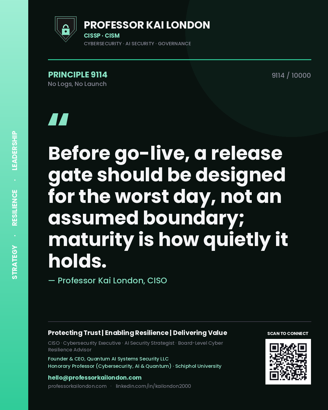 Professor Kai London principle 9114: Before go-live, a release gate should be designed for the worst day, not an assumed boundary; maturity is how quietly it holds.