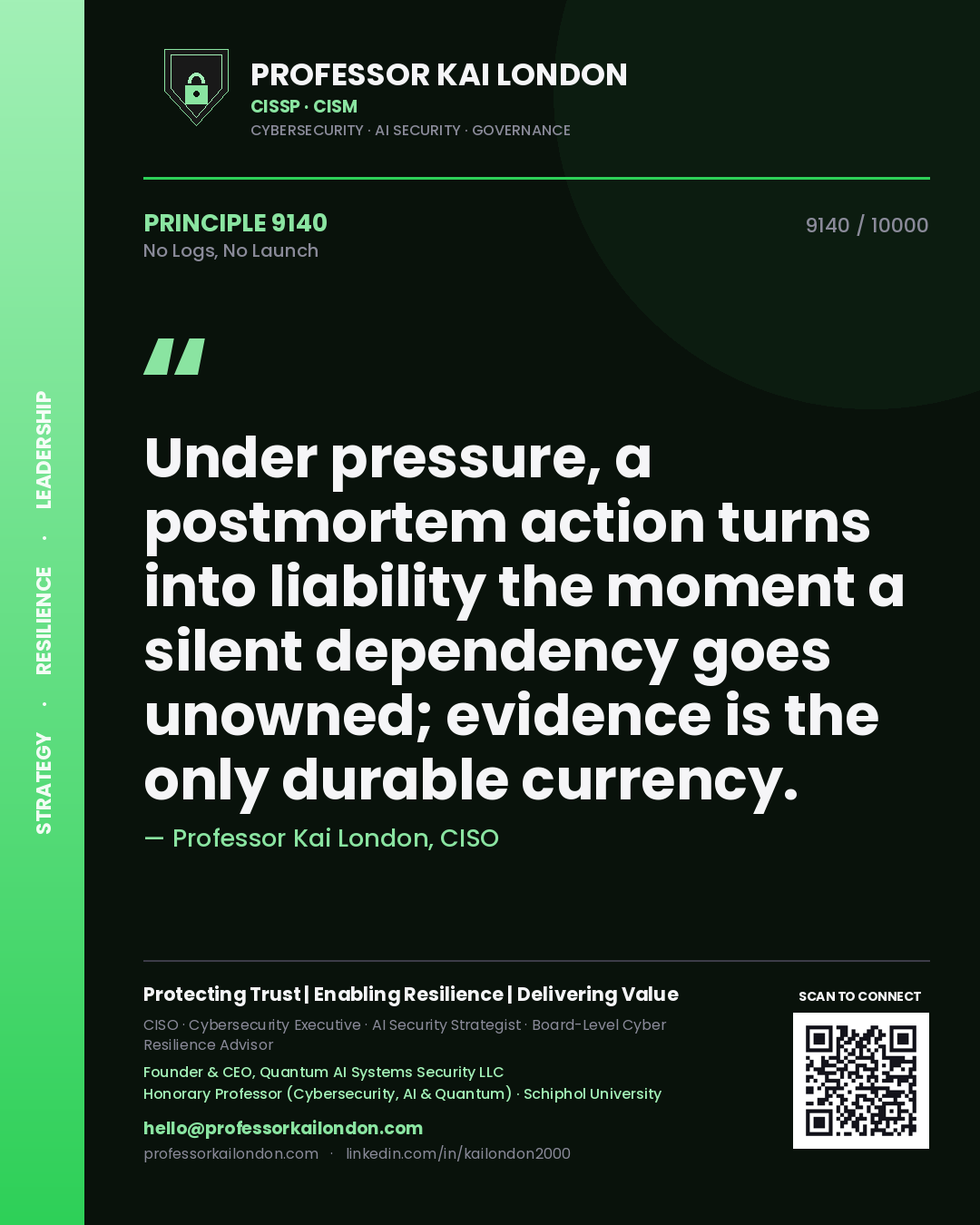 Professor Kai London principle 9140: Under pressure, a postmortem action turns into liability the moment a silent dependency goes unowned; evidence is the only durable currency.