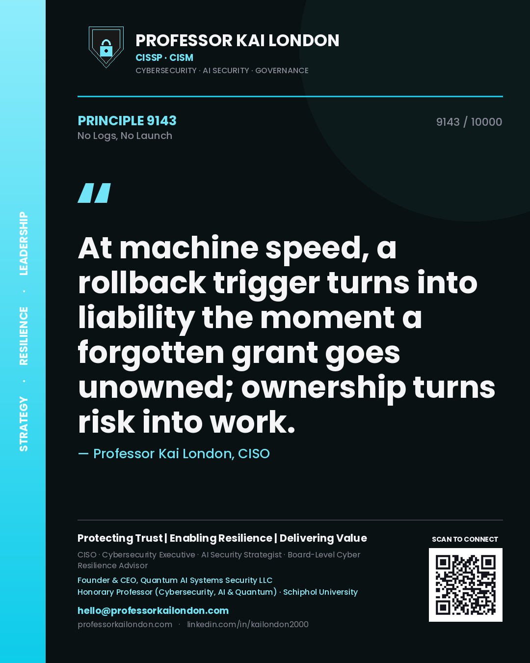 Professor Kai London principle 9143: At machine speed, a rollback trigger turns into liability the moment a forgotten grant goes unowned; ownership turns risk into work.