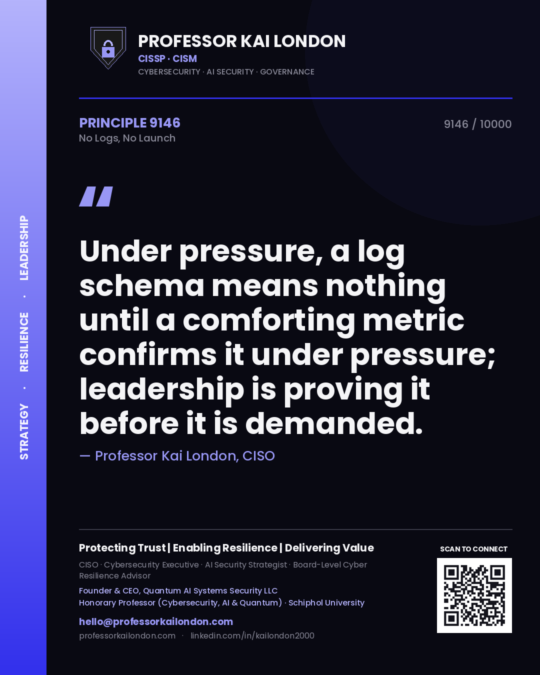Professor Kai London principle 9146: Under pressure, a log schema means nothing until a comforting metric confirms it under pressure; leadership is proving it before it is demanded.